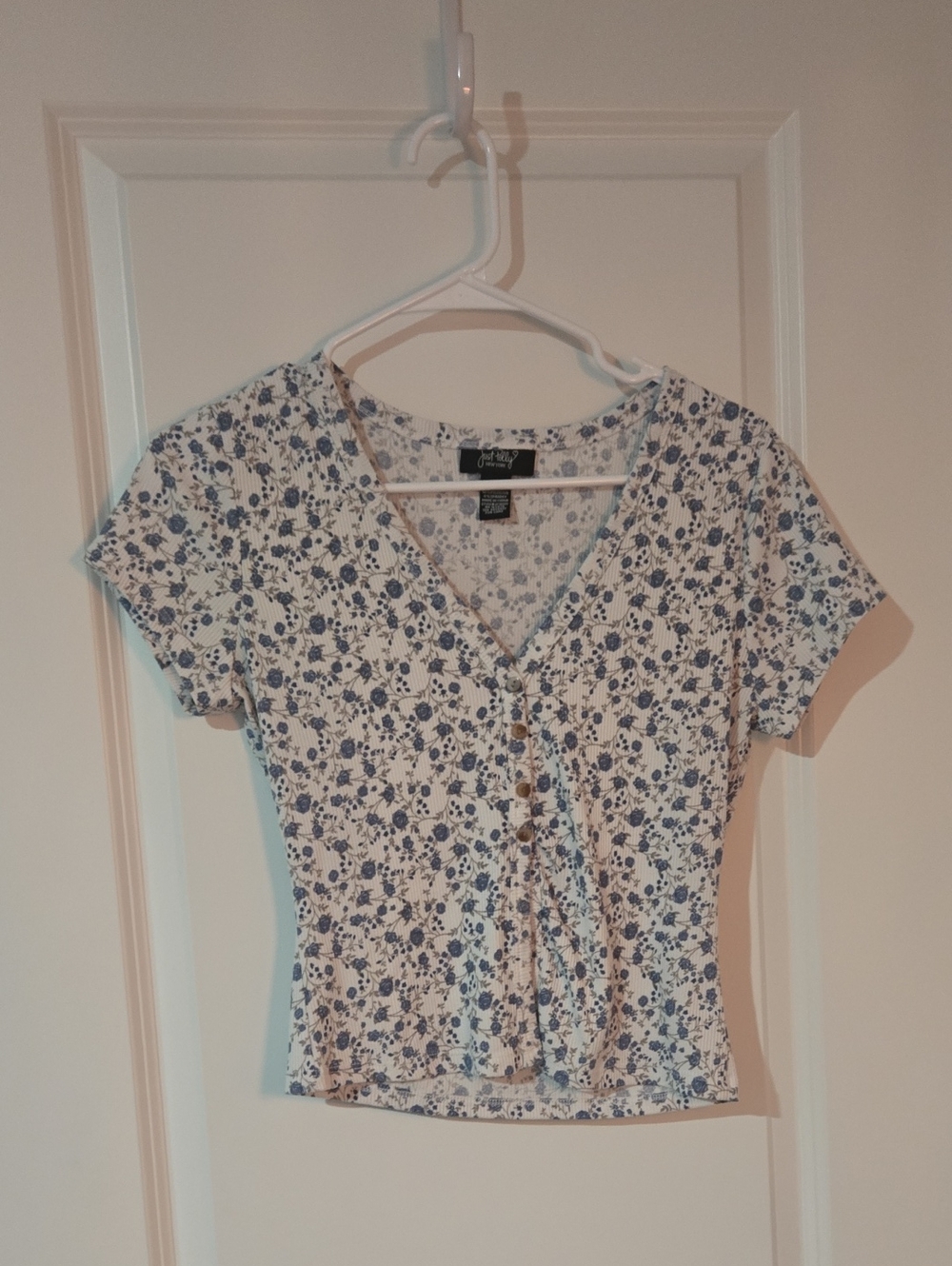 White V-Neck Button-Front Top with Blue Floral Print